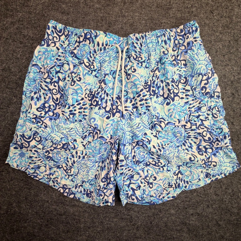Lilly Pulitzer Capri Swim Trunks Mens L Blue White Beach Tropical Board Shorts